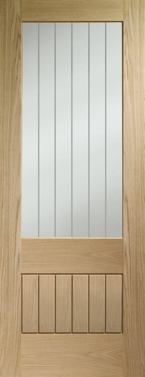 Wooden door with glass panel and horizontal slats