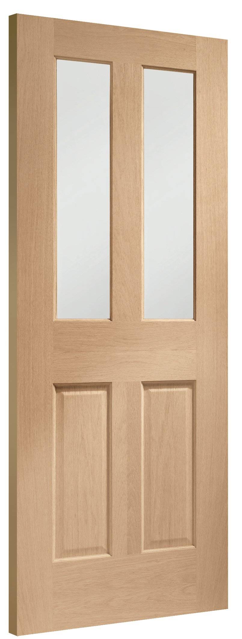 Wooden door with two glass panels and two solid panels on a white background