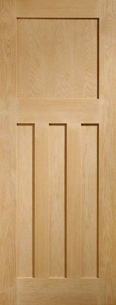 Wooden door with a simple design featuring horizontal and vertical panels.