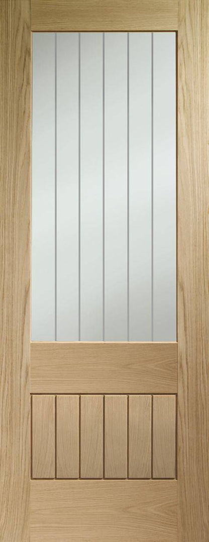 Wooden door with glass panel and horizontal slats