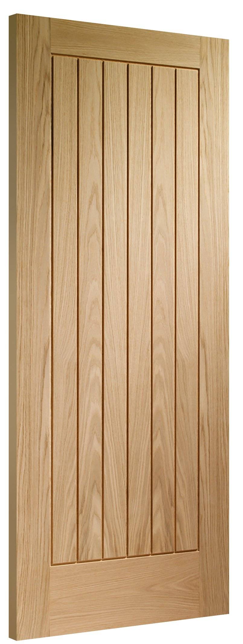 Wooden door with vertical slats on a white background
