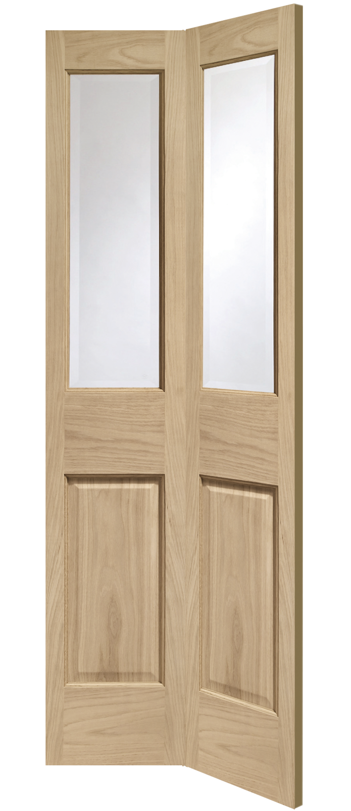 Wooden bi-fold door with glass panels on a white background