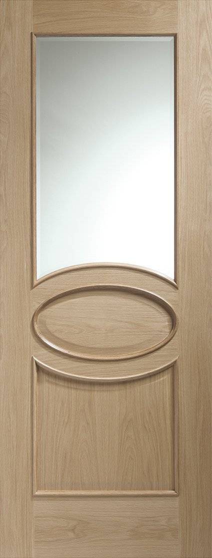 Wooden door with a glass panel and oval design