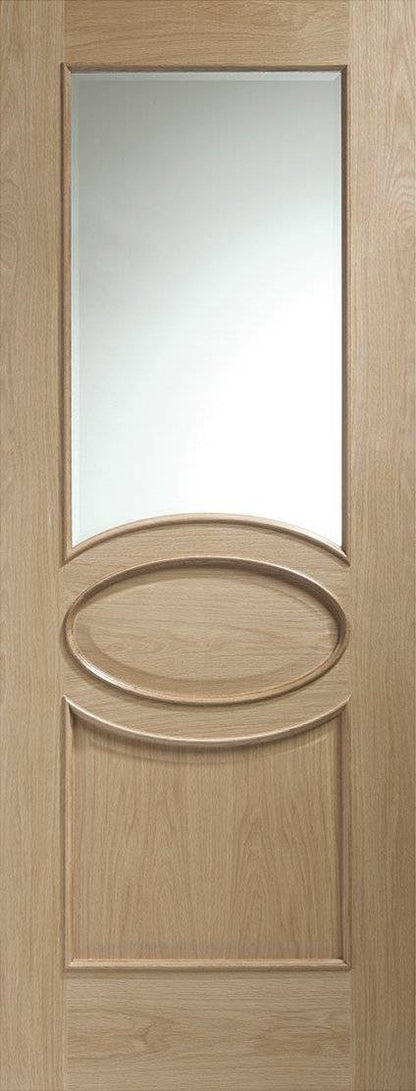 Wooden door with a glass panel and oval design