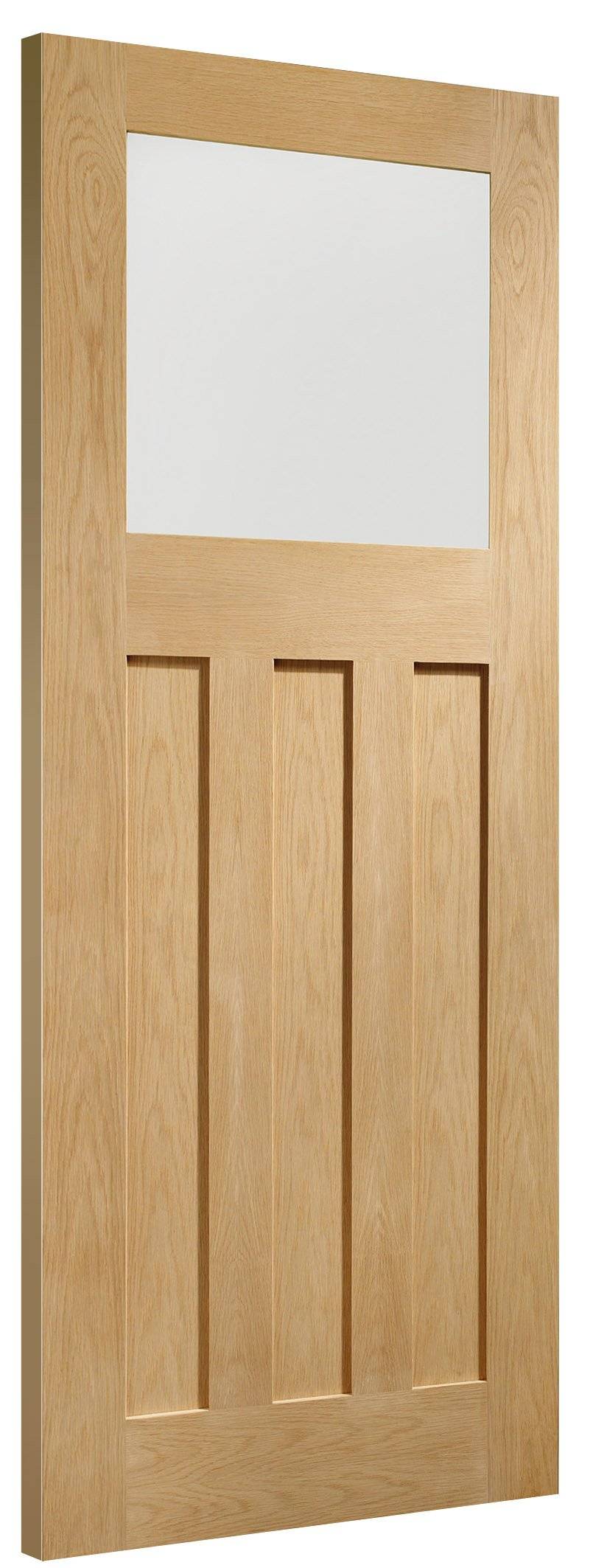 Wooden door with a glass panel on a white background