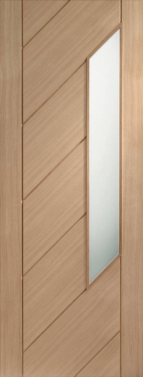 Wooden door with a glass panel and wavy wood pattern