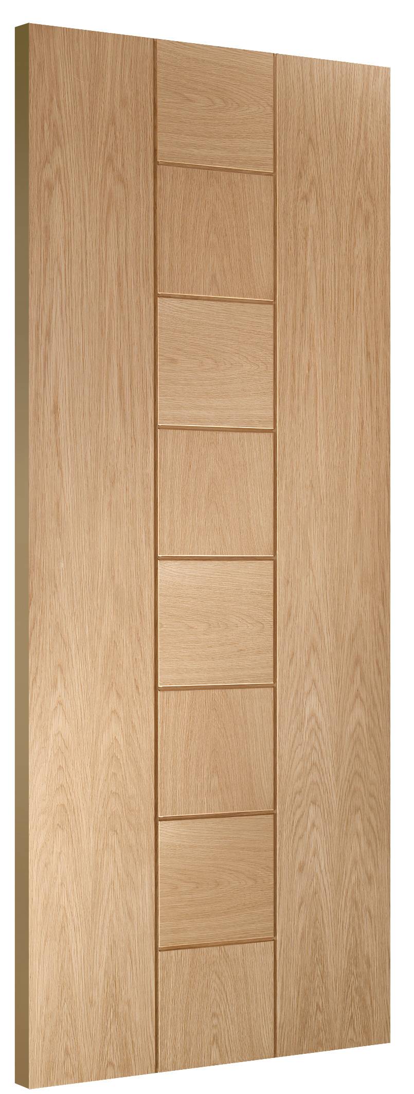 Wooden door with a modern design featuring horizontal slats on a white background