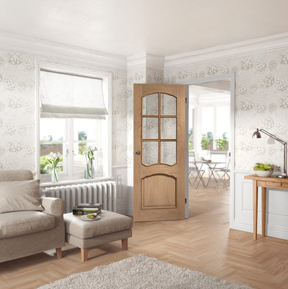 Riviera Internal Oak Door with Clear Bevelled Glass and Raised Mouldings