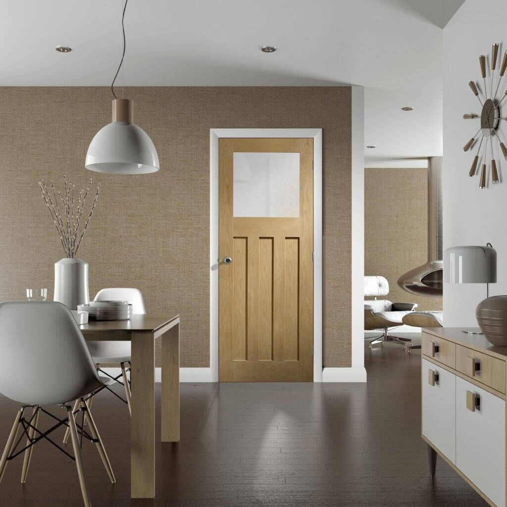 Modern interior with wooden door, dining table, and living room.