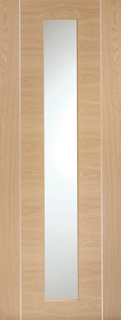 Wooden door with a single rectangular glass panel