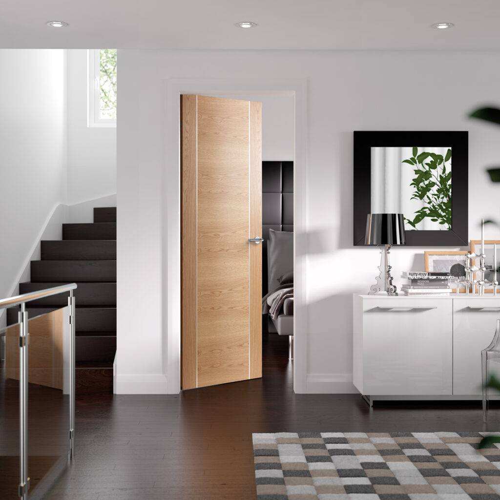 Modern interior with a wooden door, staircase, and living room.