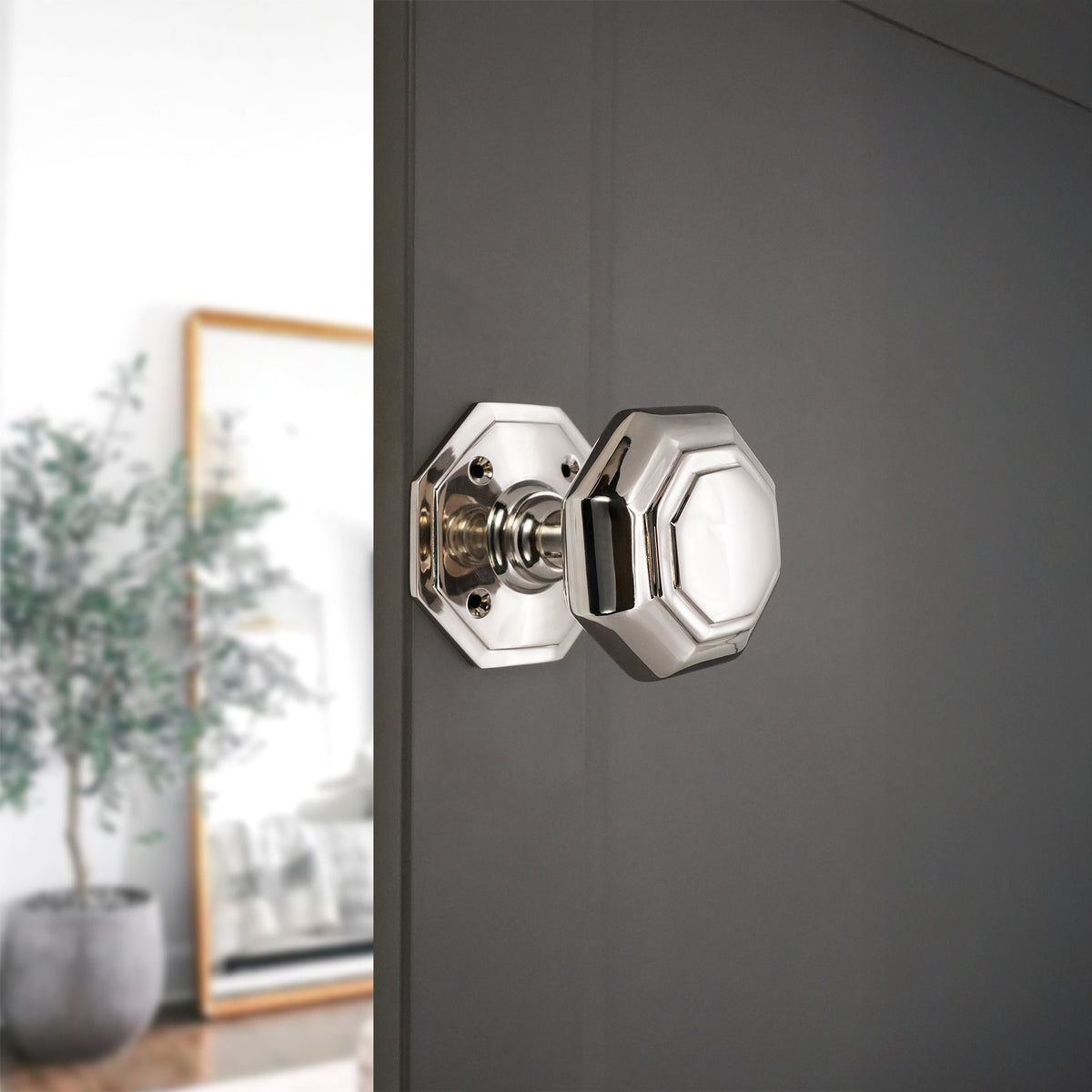 Octagonal Mortice Door Knobs Polished Nickel