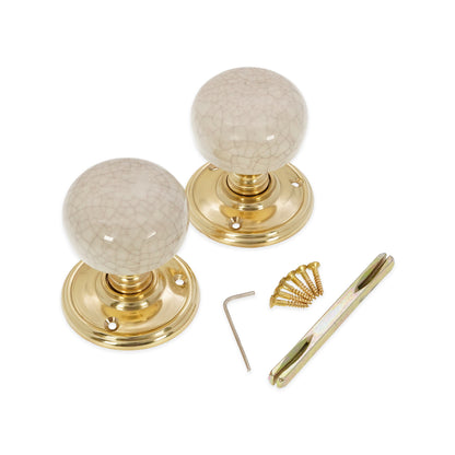 Crackled Porcelain Mortice Door Knob Polished Brass