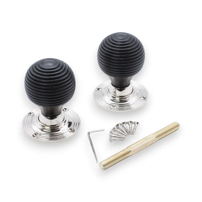 Ebonised Beehive Rim/Mortice Door Knob Polished Nickel