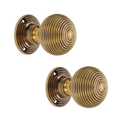 Ribbed Rim/Mortice Door Knob Aged Brass