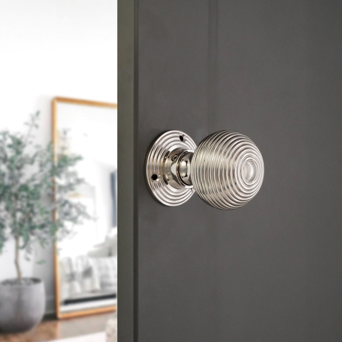 Ribbed Rim/Mortice Door Knob Polished Nickel