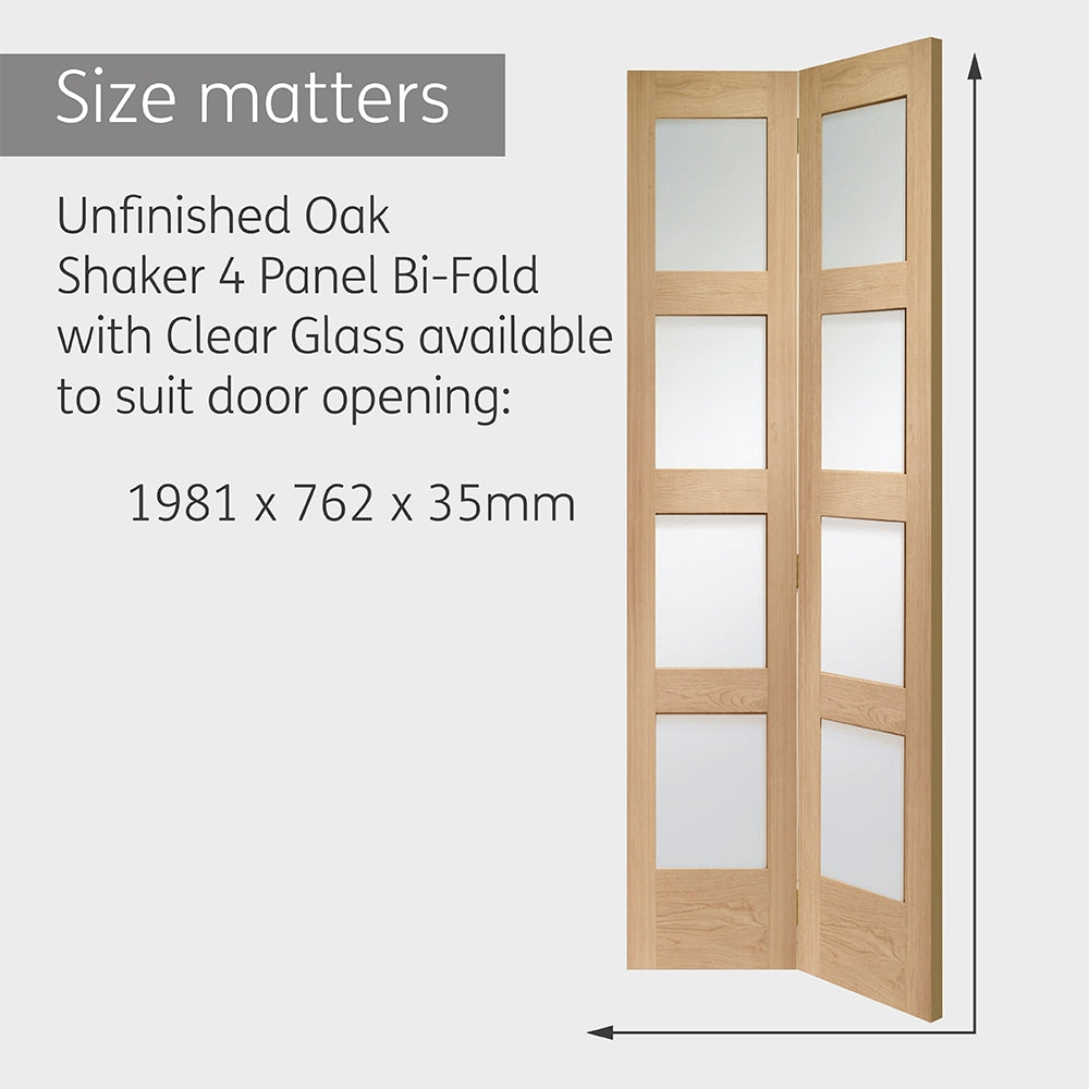 Shaker 4 Panel Bi-Fold Internal Oak Door with Clear Glass