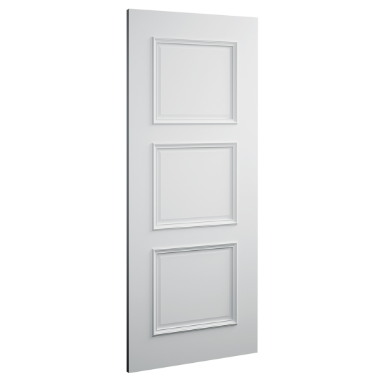 White door with three rectangular panels on a white background