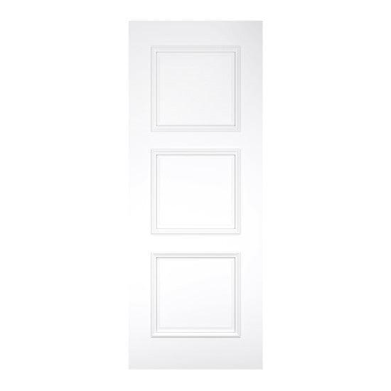 White door with three square panels on a white background