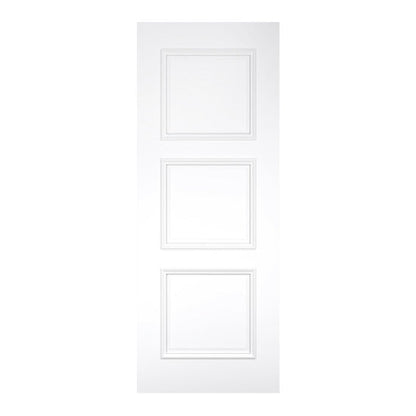 White door with three square panels on a white background