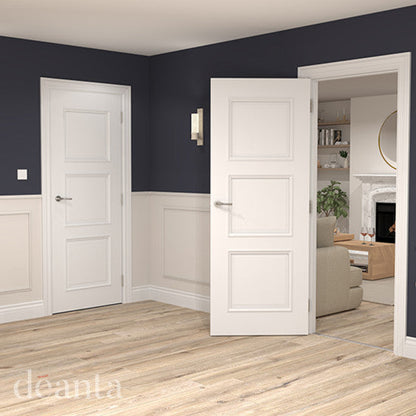 White interior doors in a room with dark blue walls and wooden flooring.