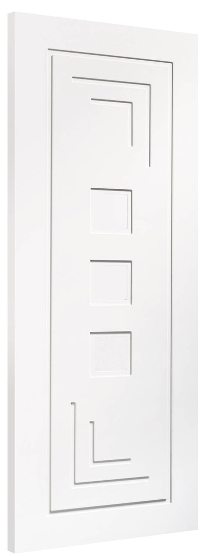 White door with geometric design on a white background