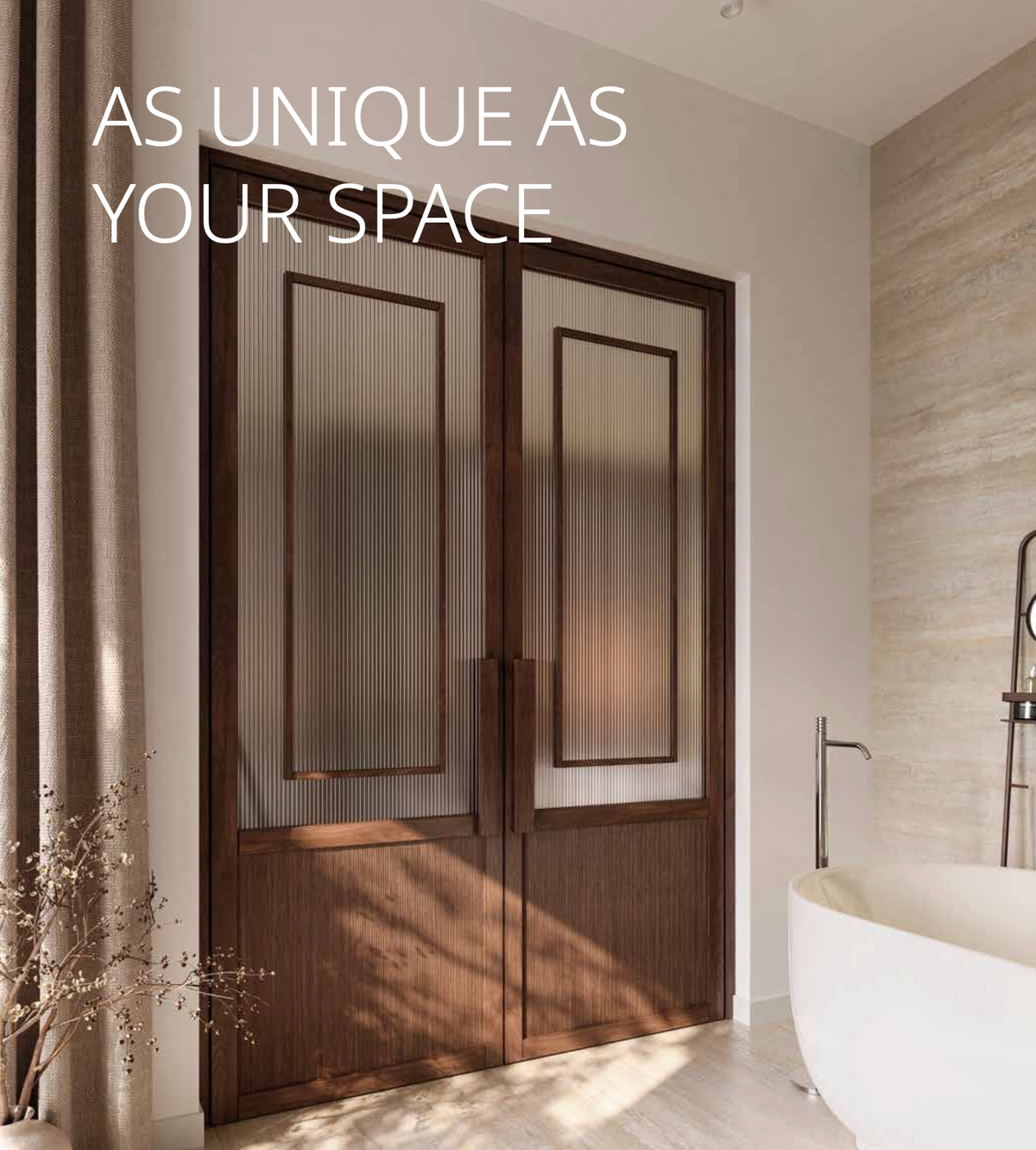 A pair of dark brown double bathroom doors with ribbed frosted glass panels and vertical wood grain lower sections, shown in a modern bathroom setting with a white freestanding tub and warm beige walls. White text at the top reads 'AS UNIQUE AS YOUR SPACE'.
