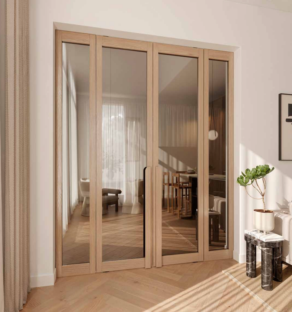 Light natural wood sliding glass doors installed in a modern interior room with herringbone wood flooring, curtains, and a side table with a plant.